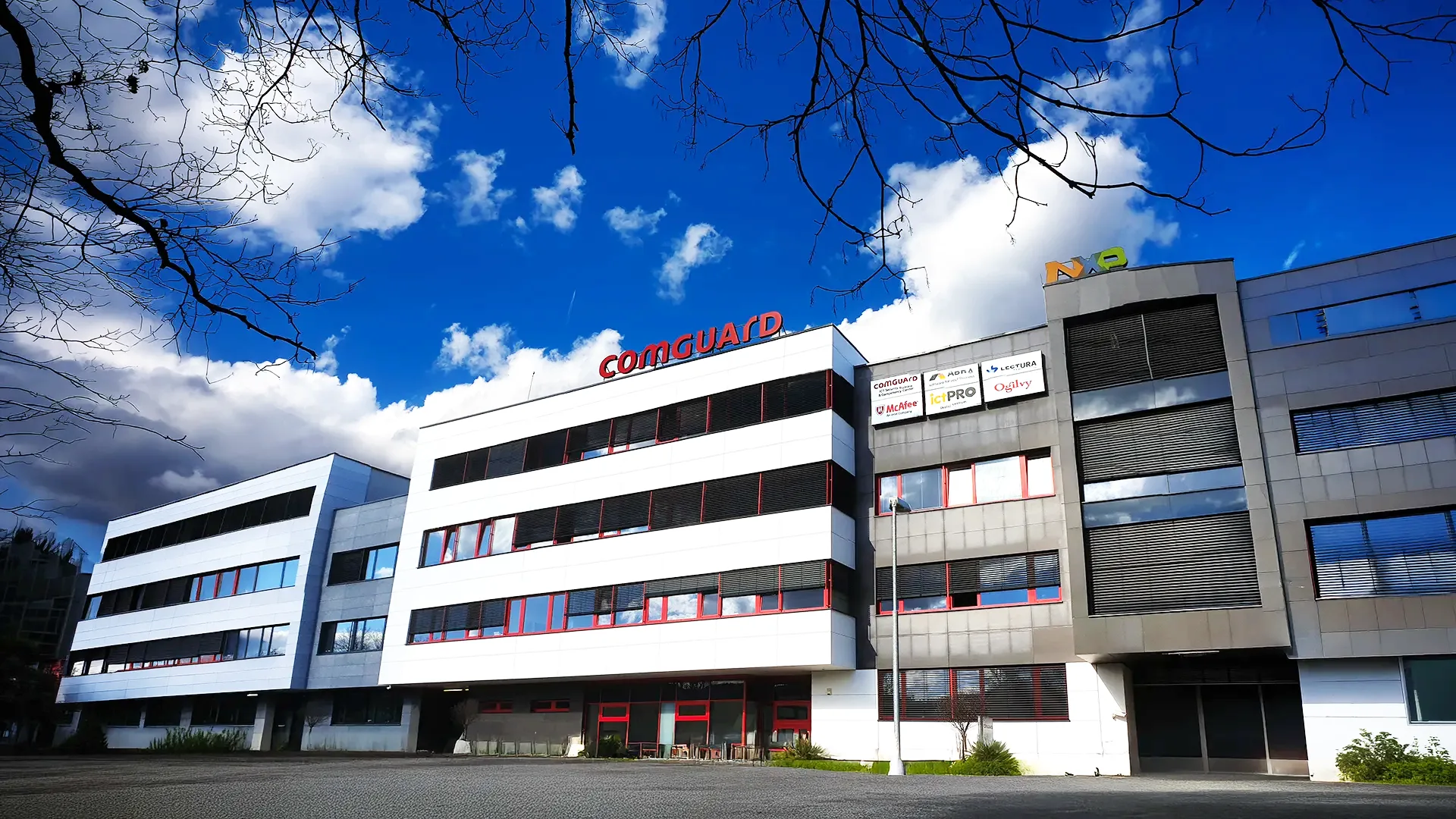 Exterior view of the COMGUARD office building on Sochorova Street in Brno.