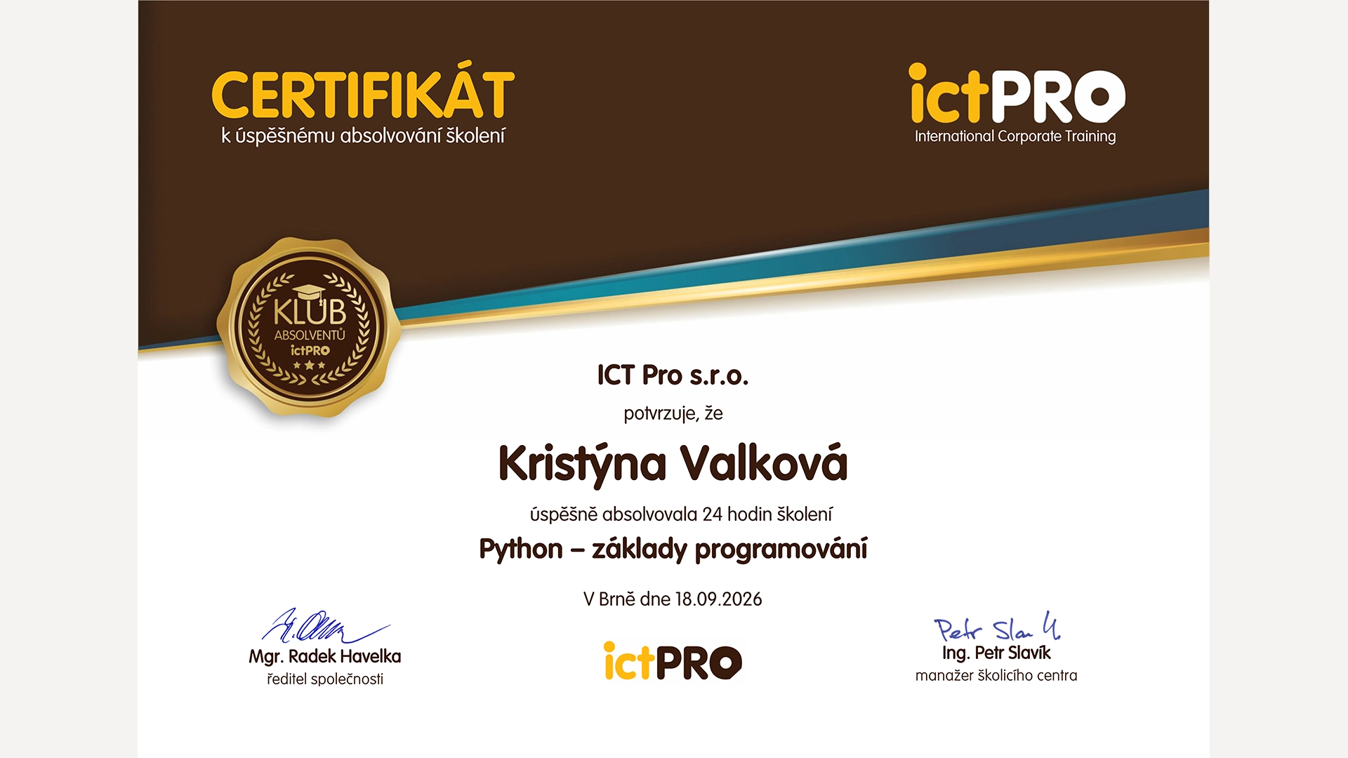Sample ICT Pro certificate of successful completion of an IT training course.