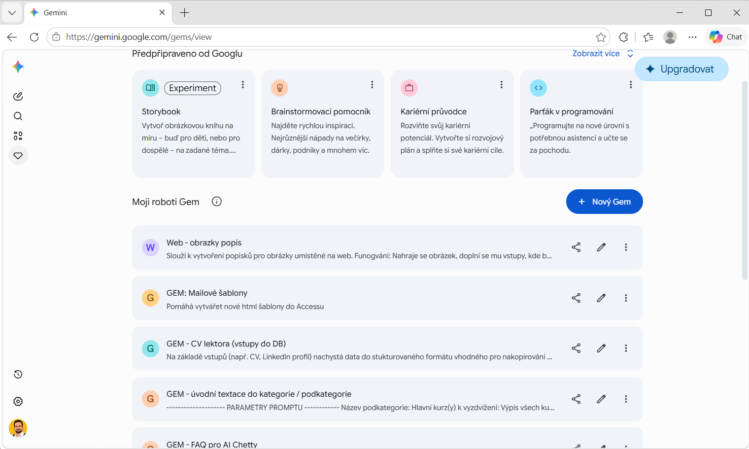 Google Gemini Gem manager interface with a list of custom AI assistants and a button to create a new Gem.