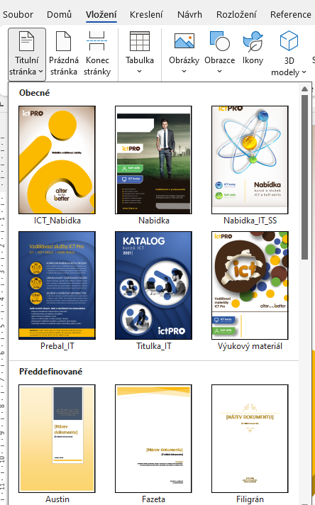 Microsoft Word interface displaying a gallery of custom cover pages and building blocks.