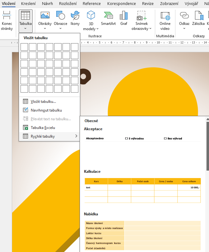 Microsoft Word interface with Quick Tables menu open and custom table templates inserted.