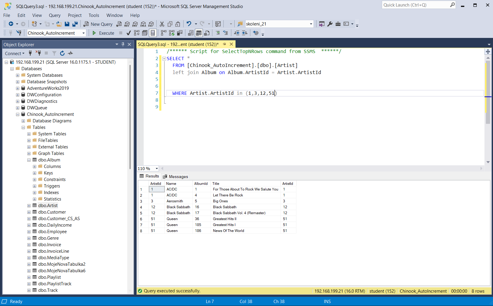 SQL Server Management Studio interface showing a T-SQL query with a table join and data results.