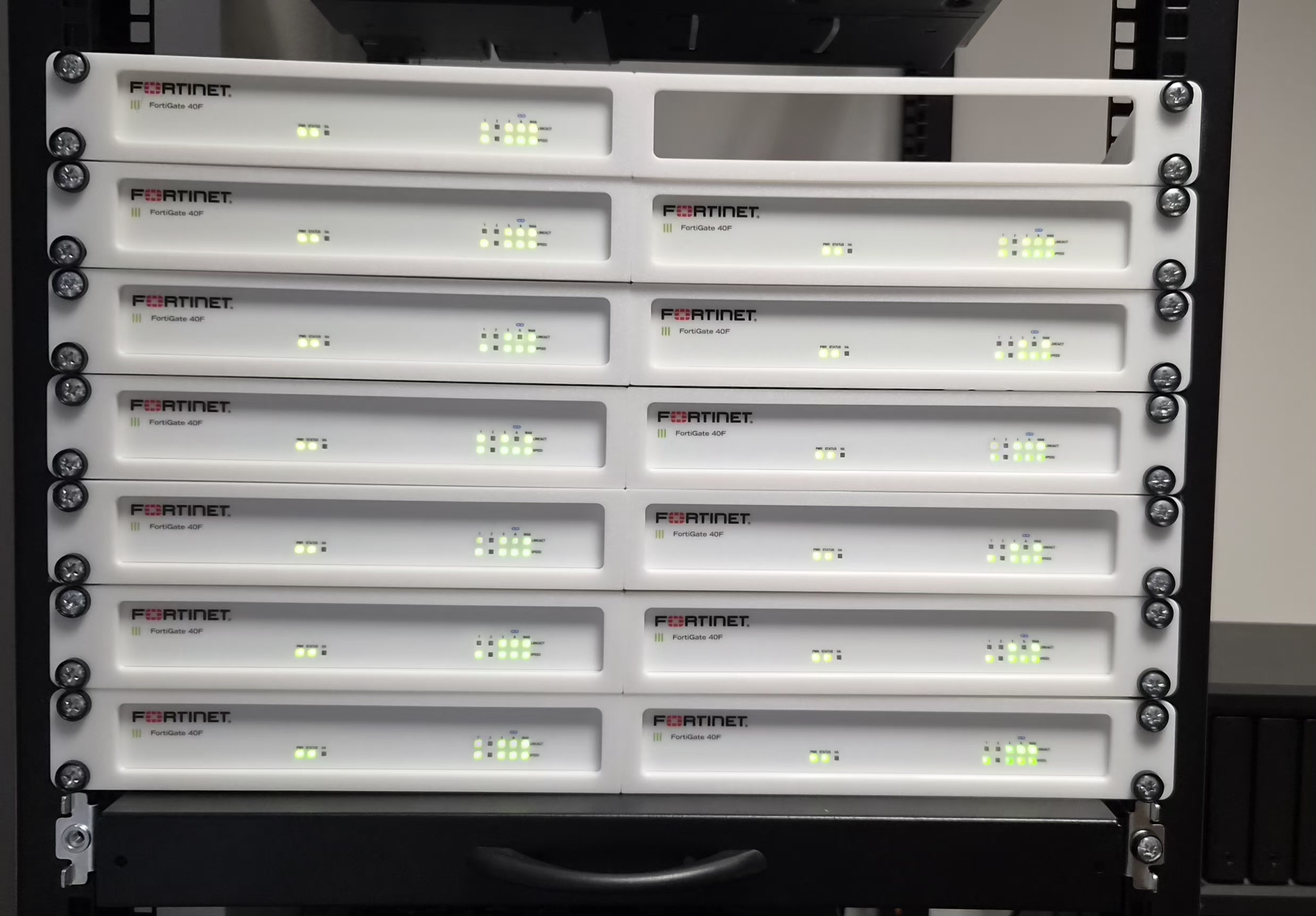 Physical Fortinet FortiGate hardware firewalls mounted in a server rack.
